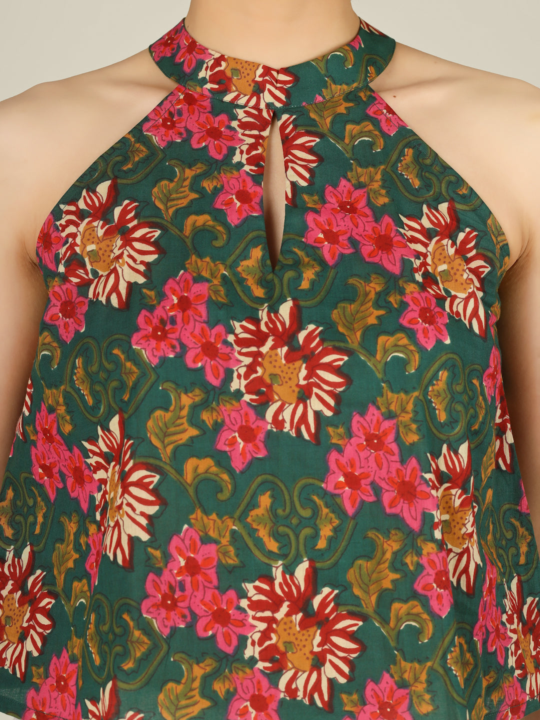 Dark Green Printed Halter Neck Sleeveless Cotton Top