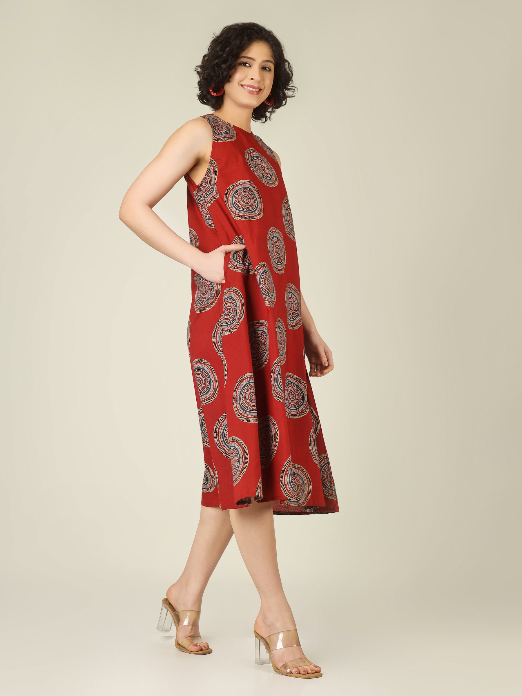 Maroon Printed Sleeveless A-Line Cotton Dress