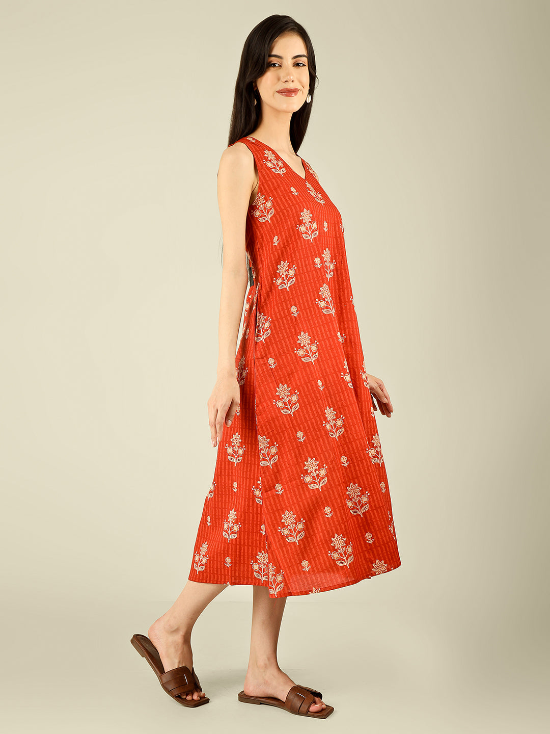 Orange Printed V-Neck Sleeveless A-Line Cotton Dress