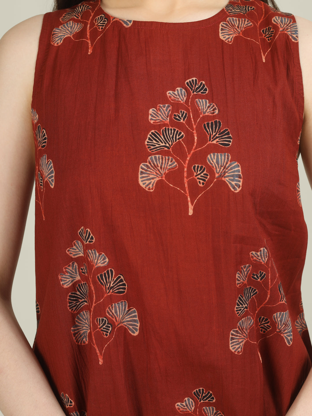 Maroon Printed Sleeveless A-Line Cotton Dress