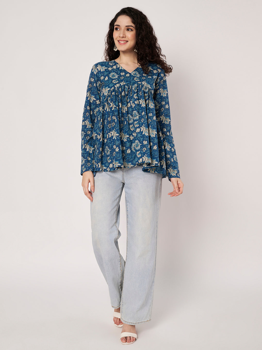 Blue Printed Alia-Cut Cotton Top