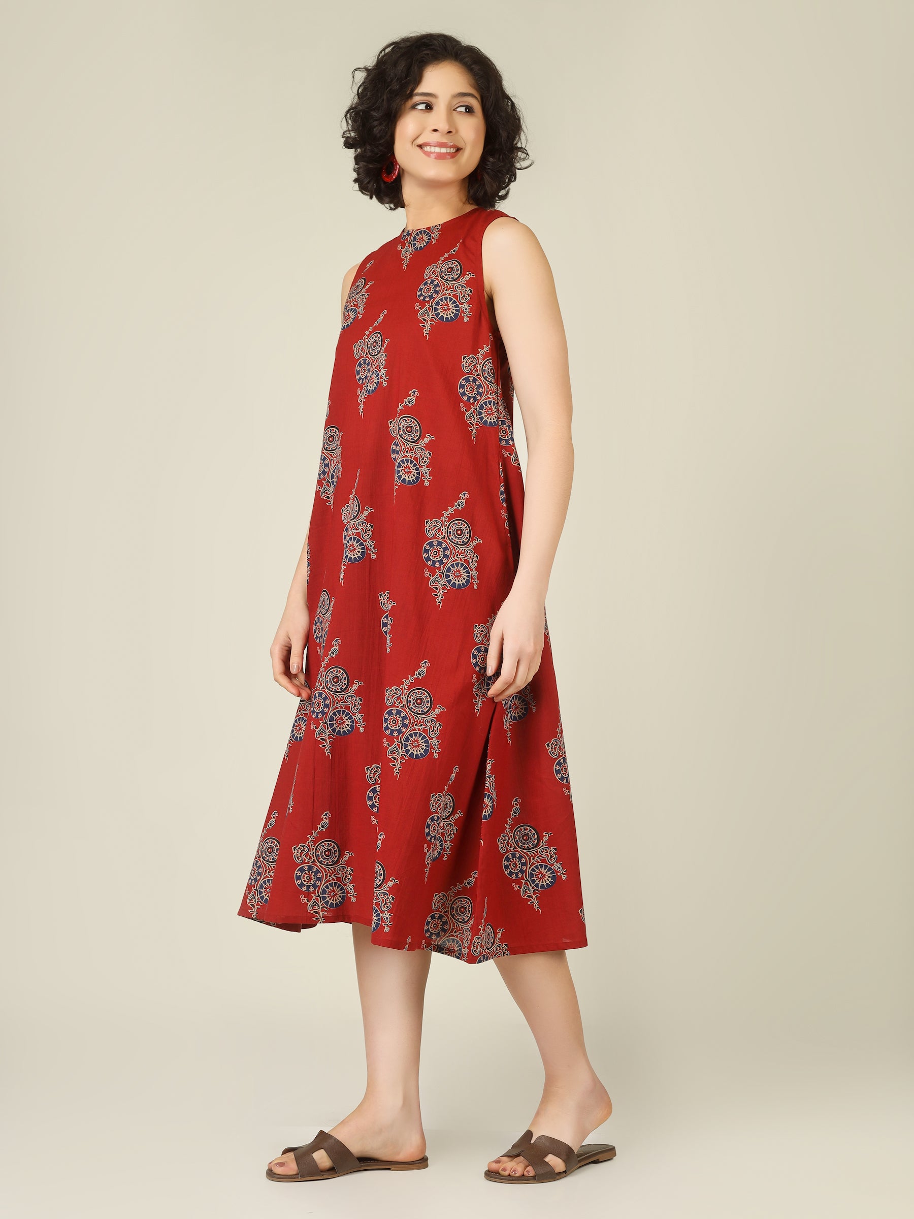 Red Printed Sleeveless A-Line Cotton Dress