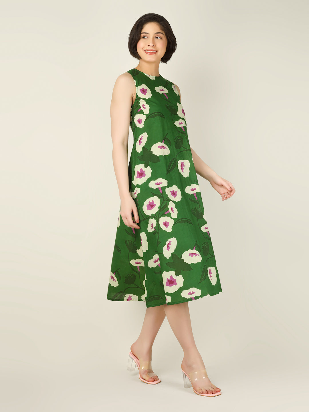 Green Printed Sleeveless A-Line Cotton Dress