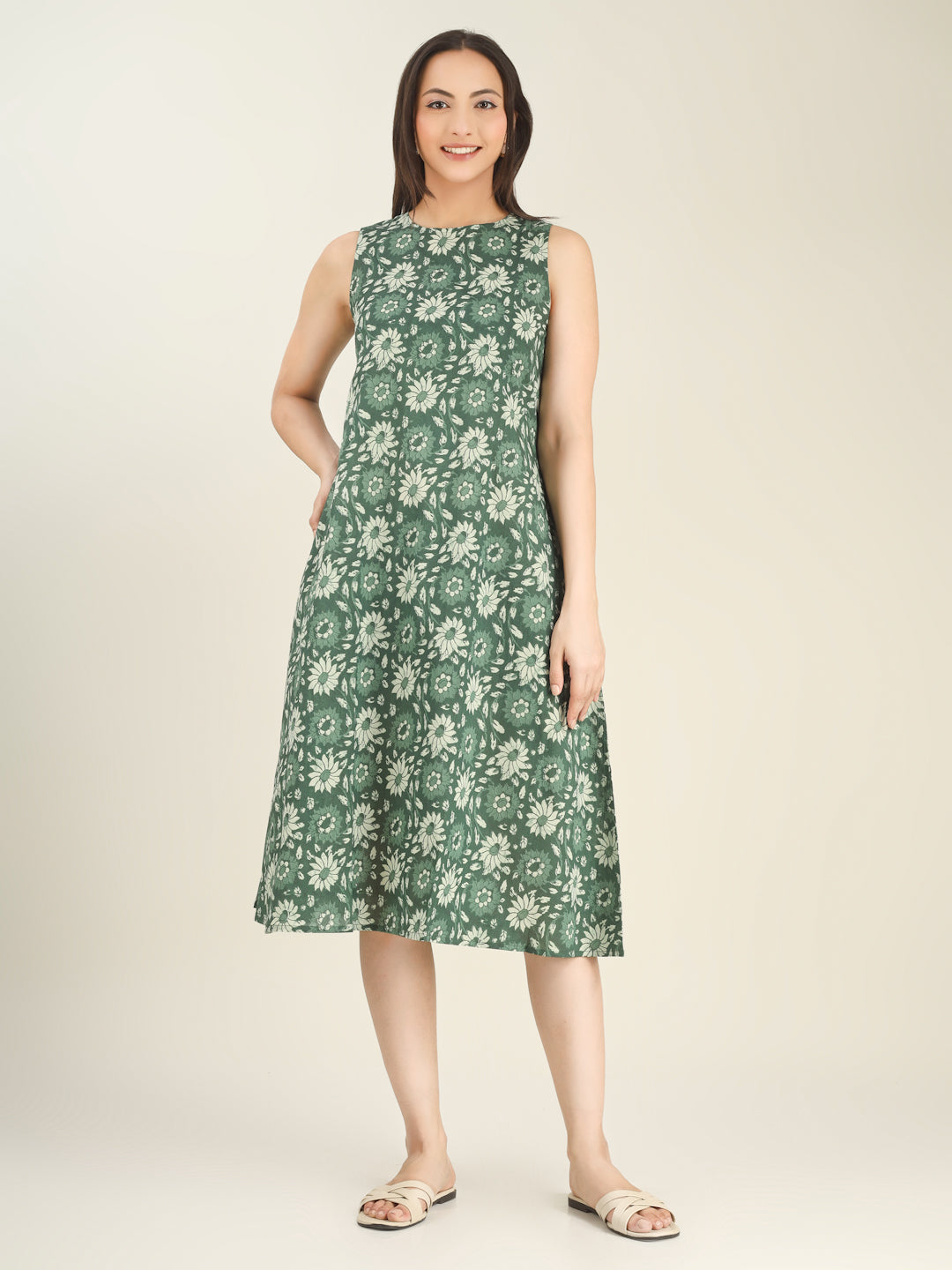 Green Printed Sleeveless A-Line Cotton Dress