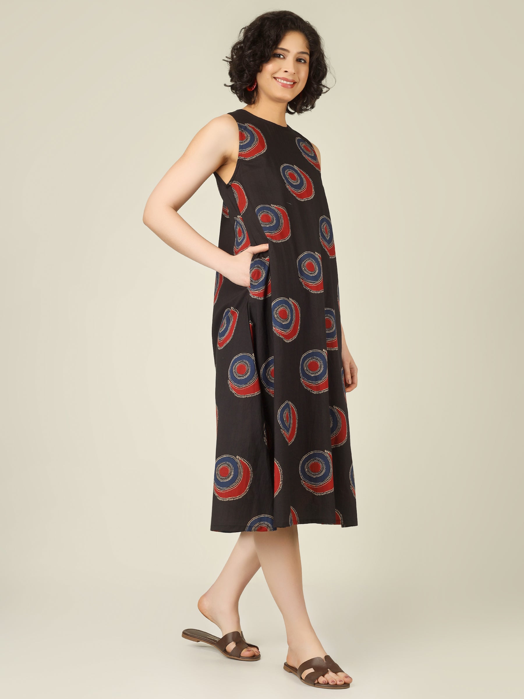 Black Printed Sleeveless A-Line Cotton Dress