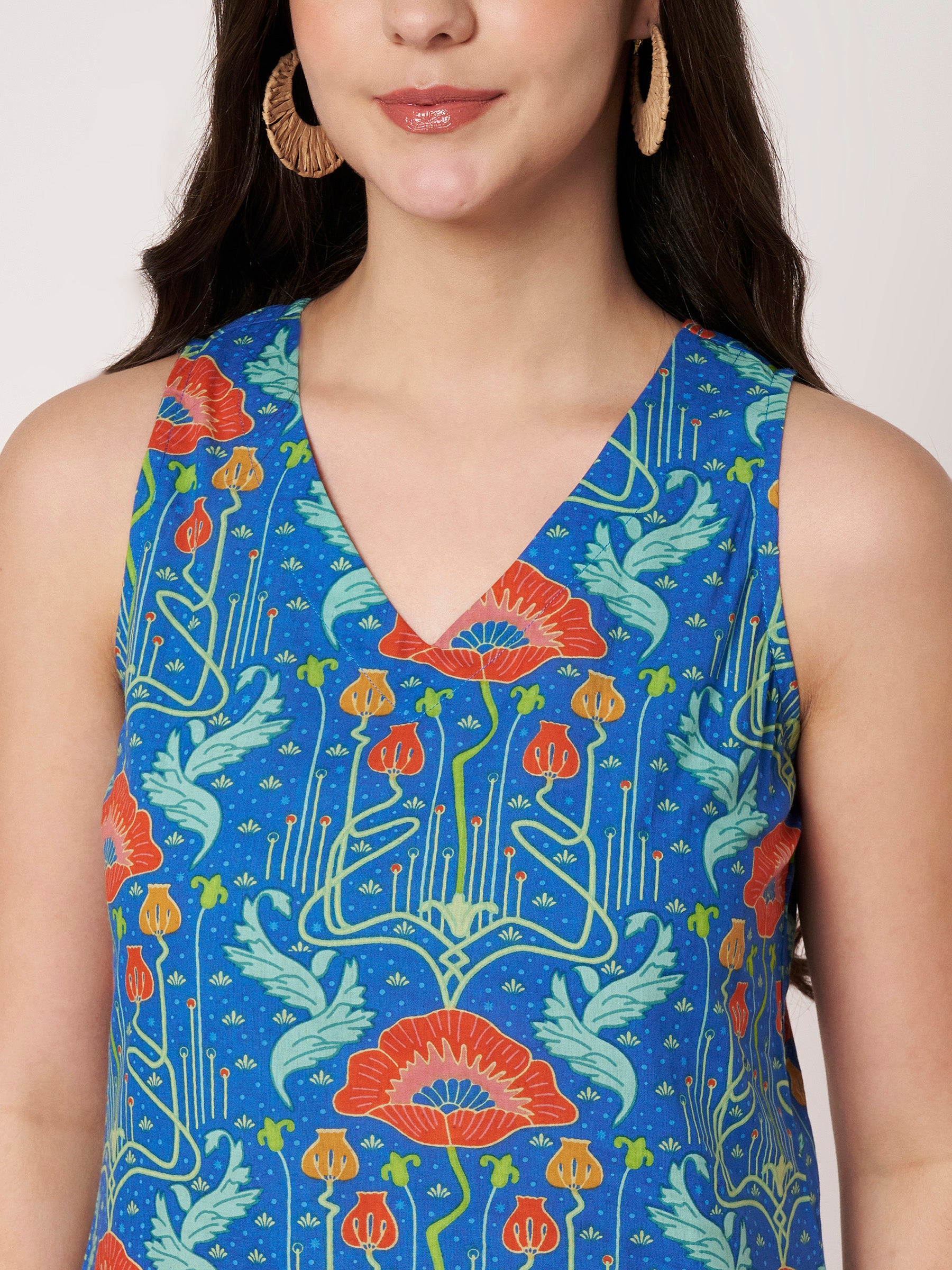 Blue Printed Sleeveless V-Neck Cotton Top