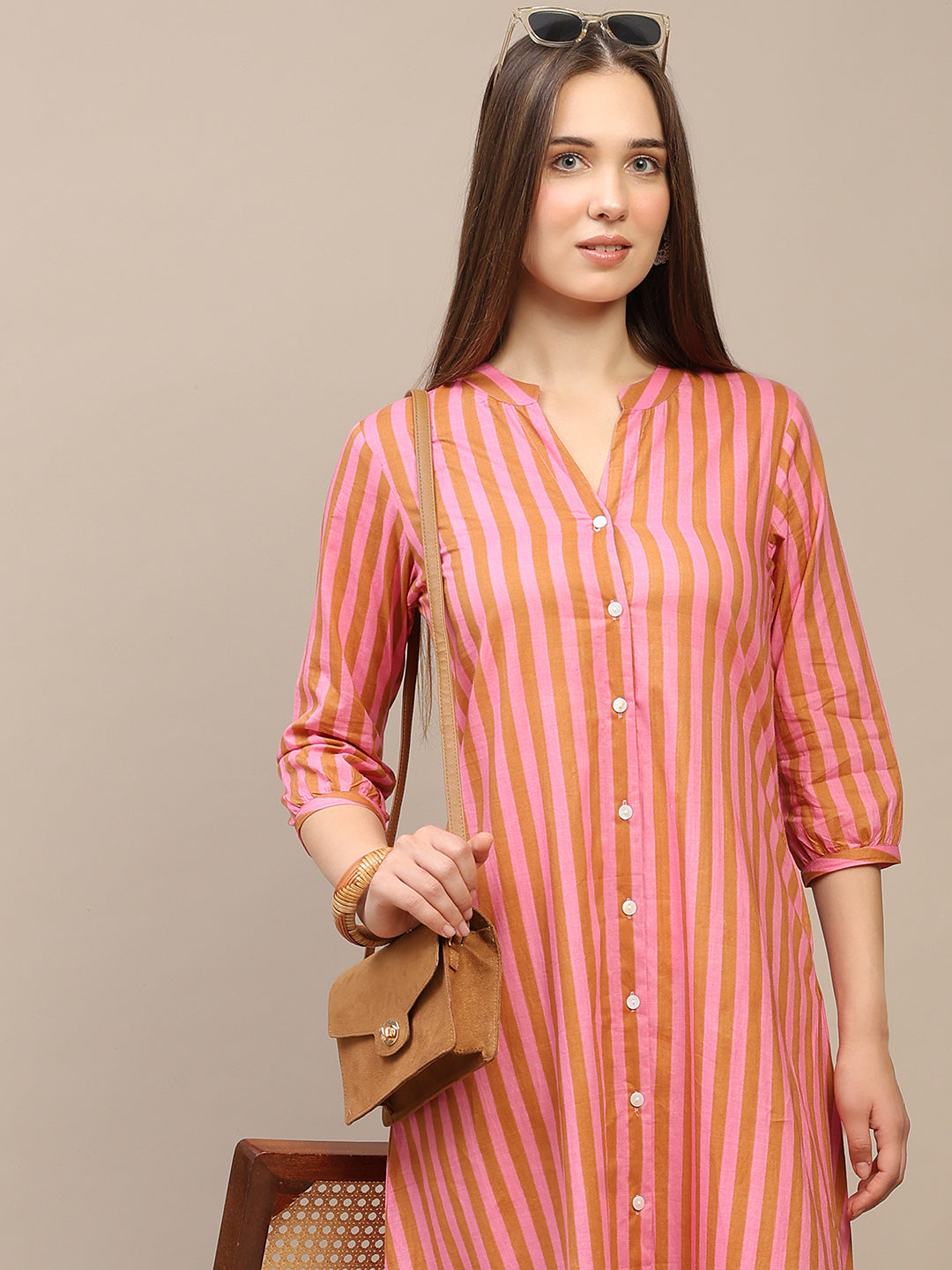 Peach Striped A-Line Cotton Dress