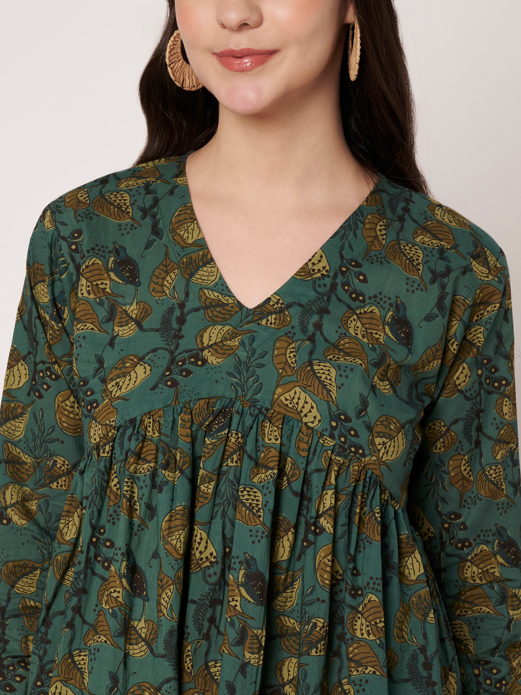 Green Printed Alia-Cut Cotton Top