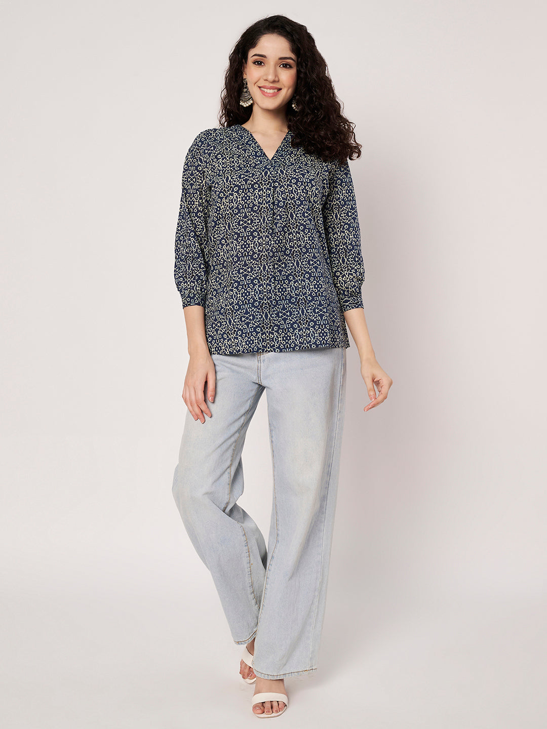 Blue Printed V-Neck Cotton Top