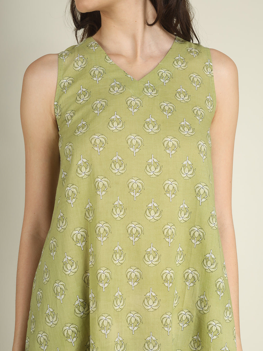 Green Printed Sleeveless V-Neck A-Line Cotton Dress