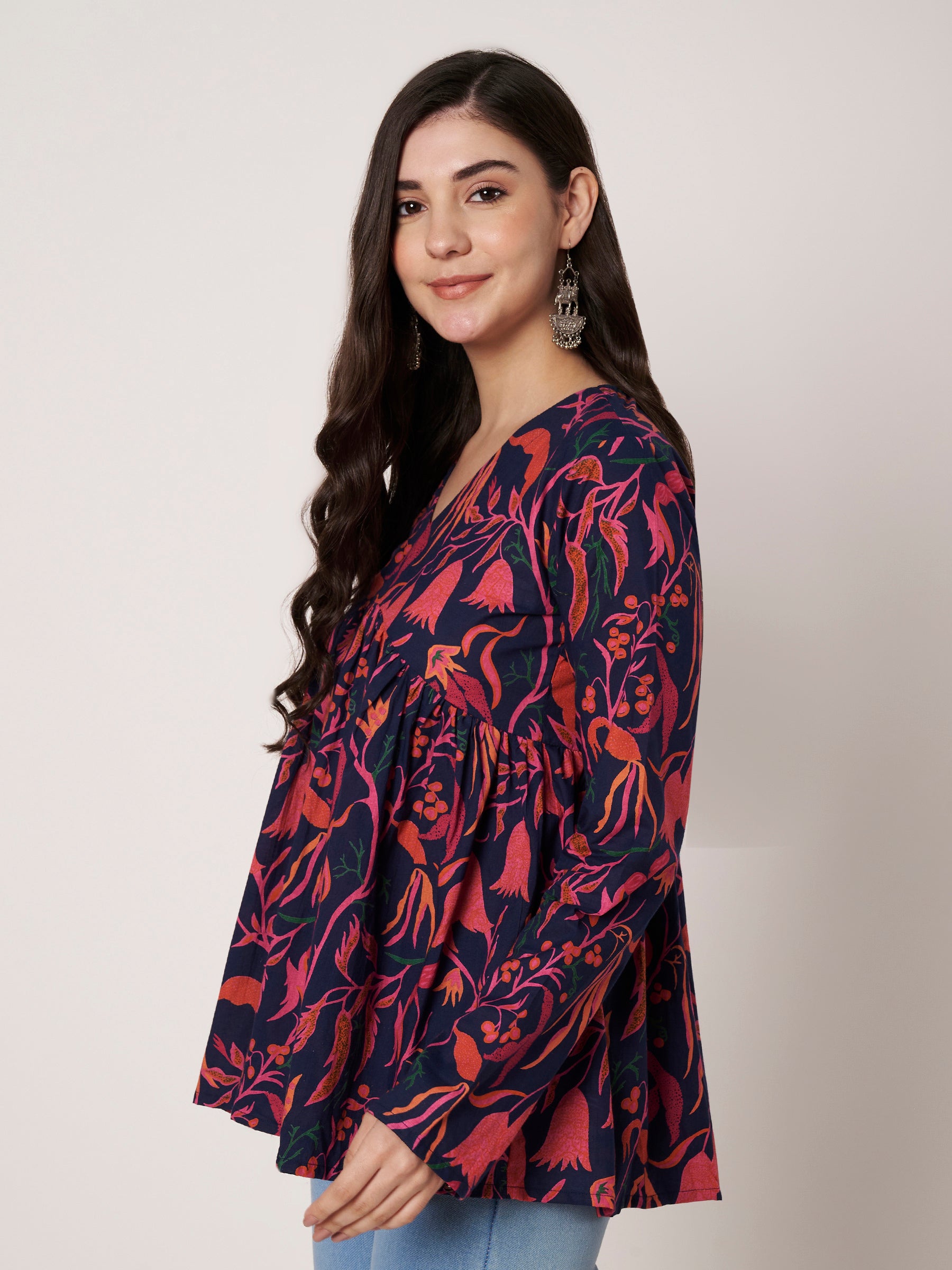 Dark Blue Printed Alia-Cut Cotton Top