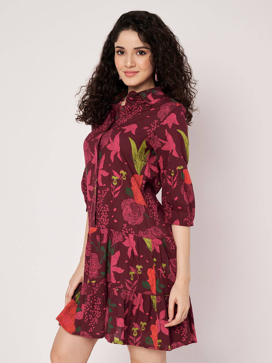 Maroon Printed Short Cotton Dress