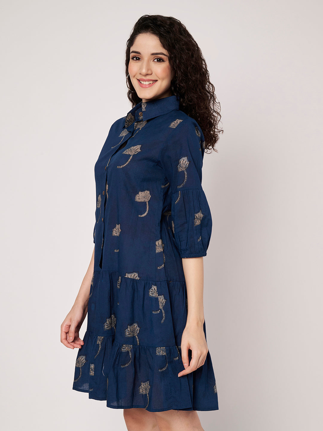 Navy Blue Printed Short Cotton Dress