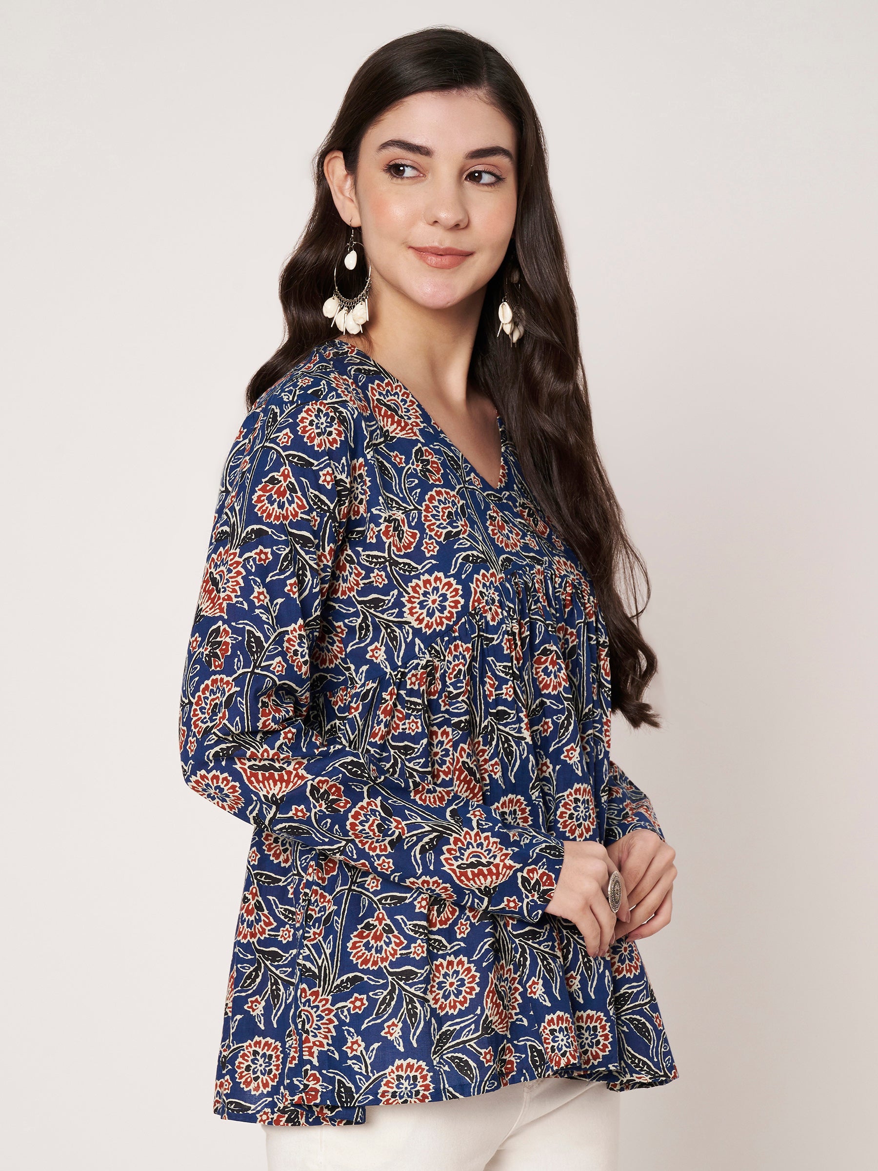 Blue Printed Alia-Cut Cotton Top