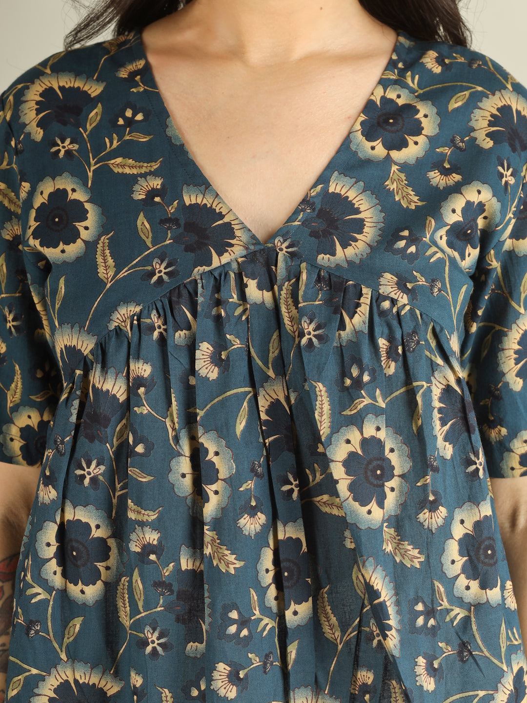 Teal Blue Printed Half-Sleeve Alia-Cut Cotton Top