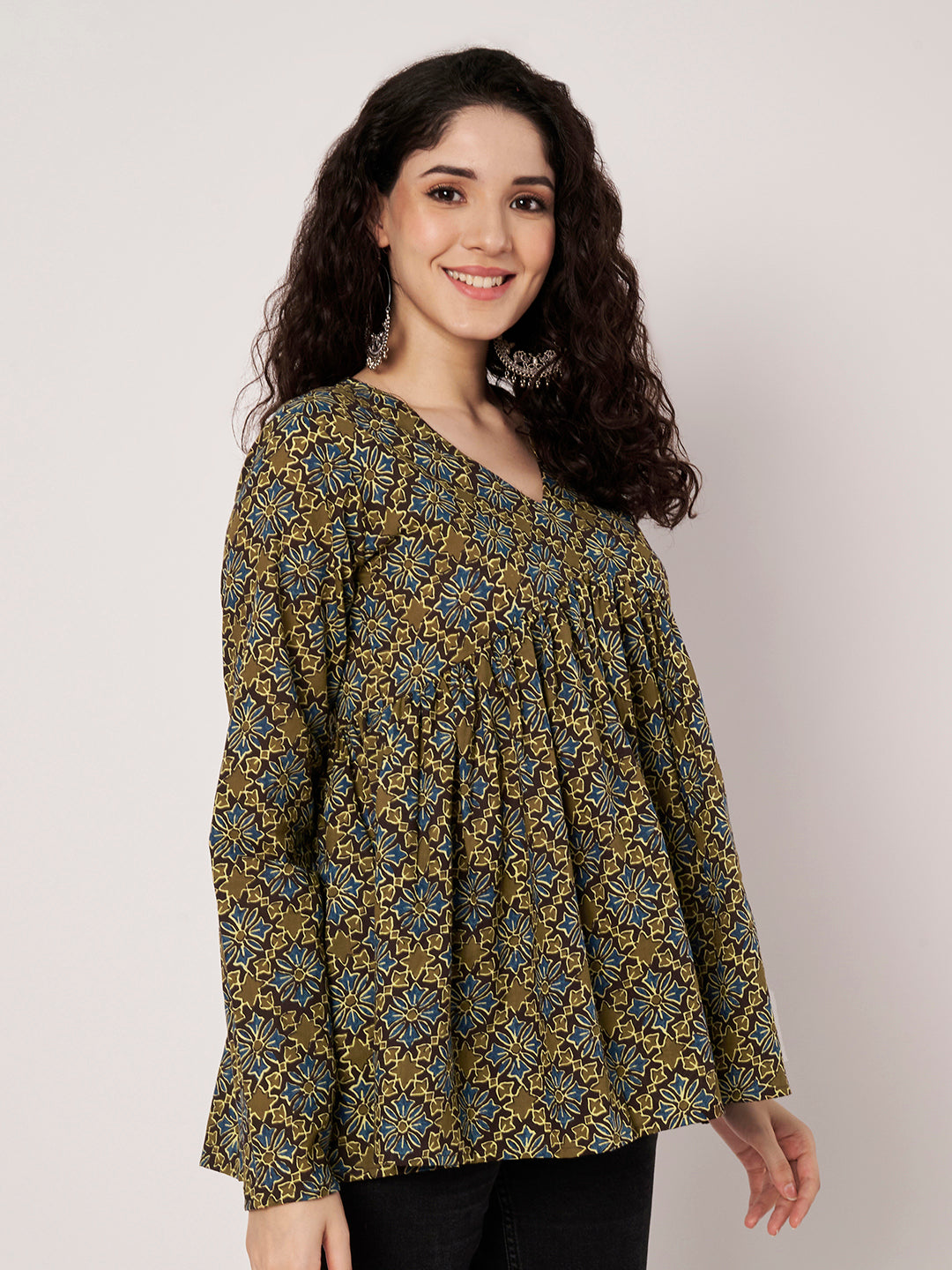 Brown Printed Alia-Cut Cotton Top