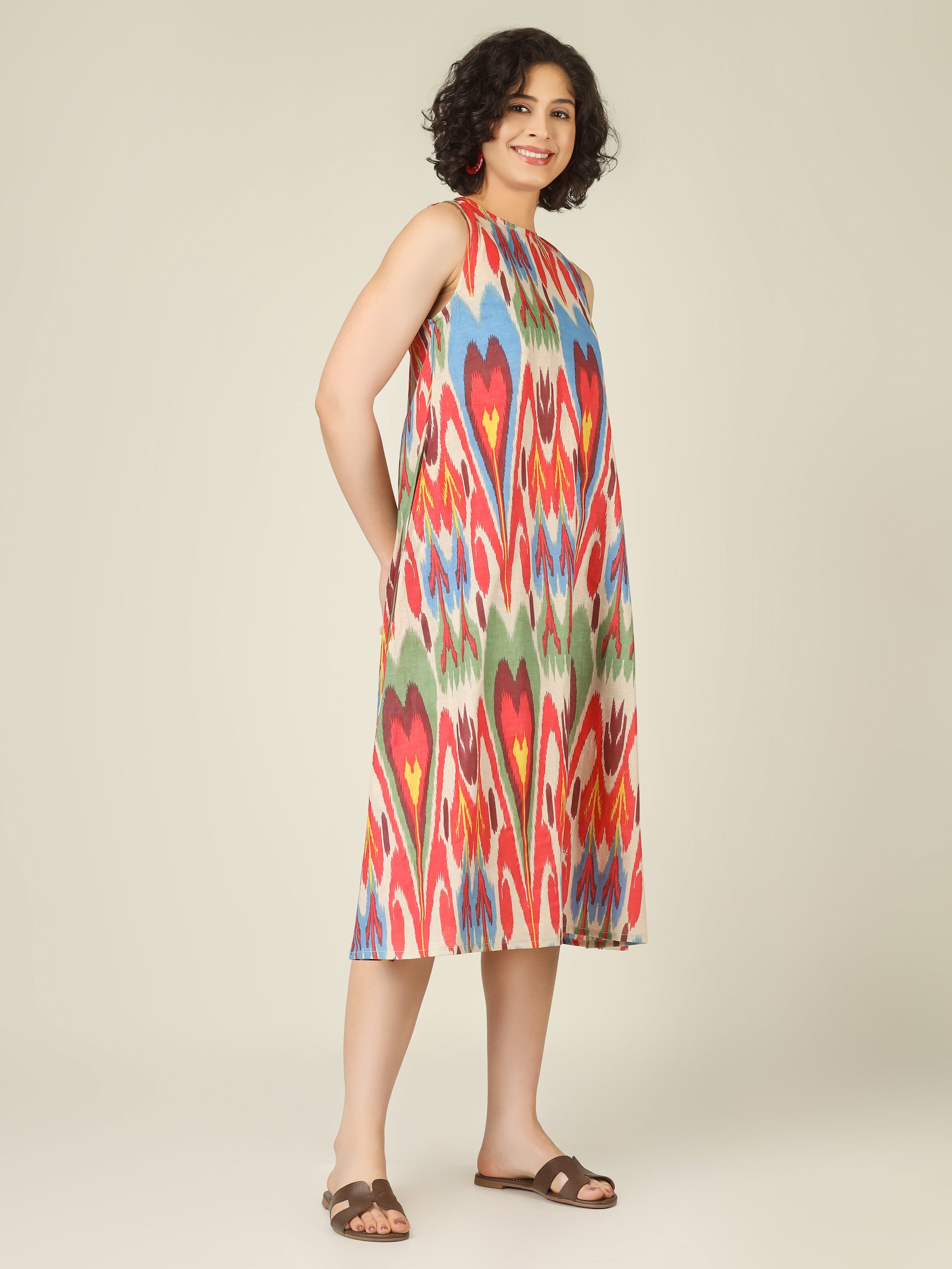 Off-White Ikkat Print Sleeveless A-Line Cotton Dress