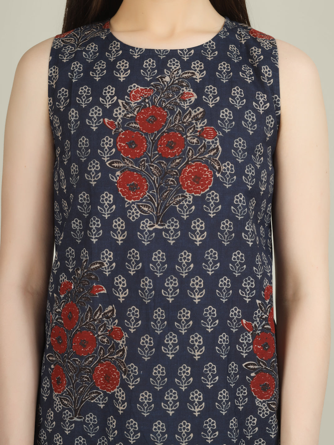 Navy Blue Printed Sleeveless A-Line Cotton Dress