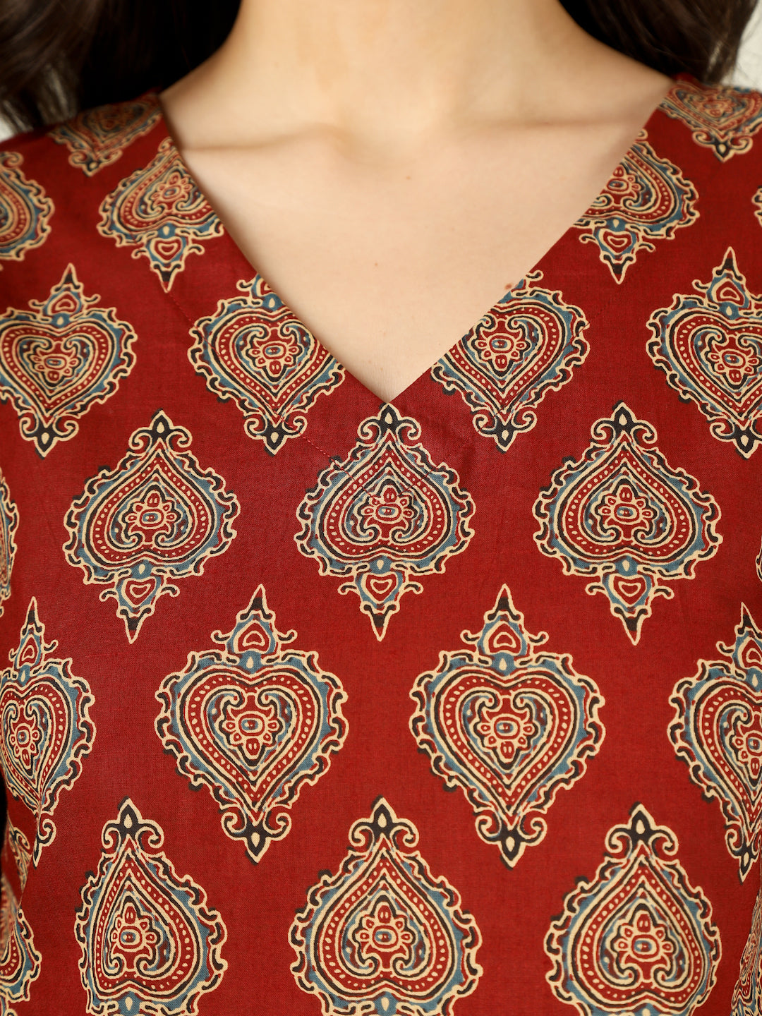 Maroon Printed Straight Bell-Sleeves Top