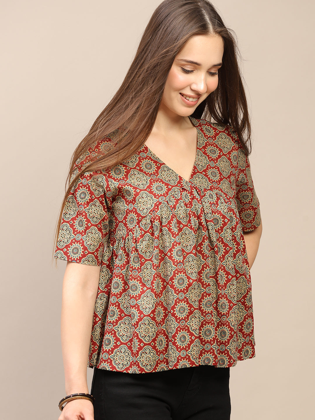 Maroon Printed Half-Sleeve Alia-Cut Cotton Top