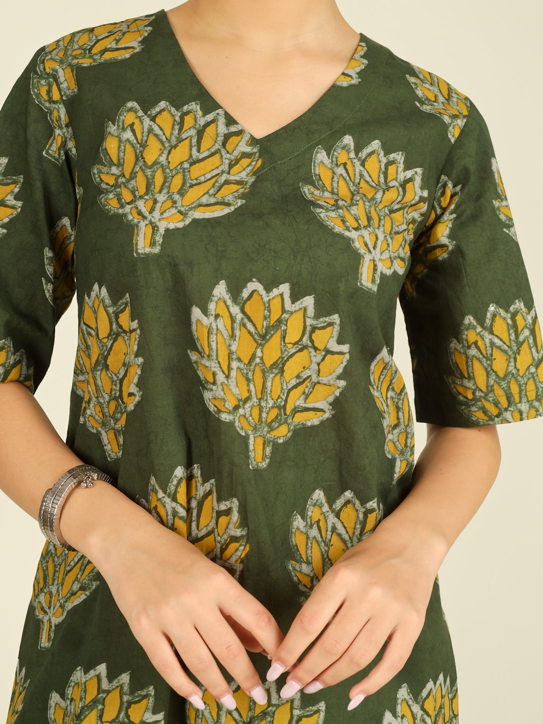 Green Printed Half-Sleeve A-Line Cotton Dress