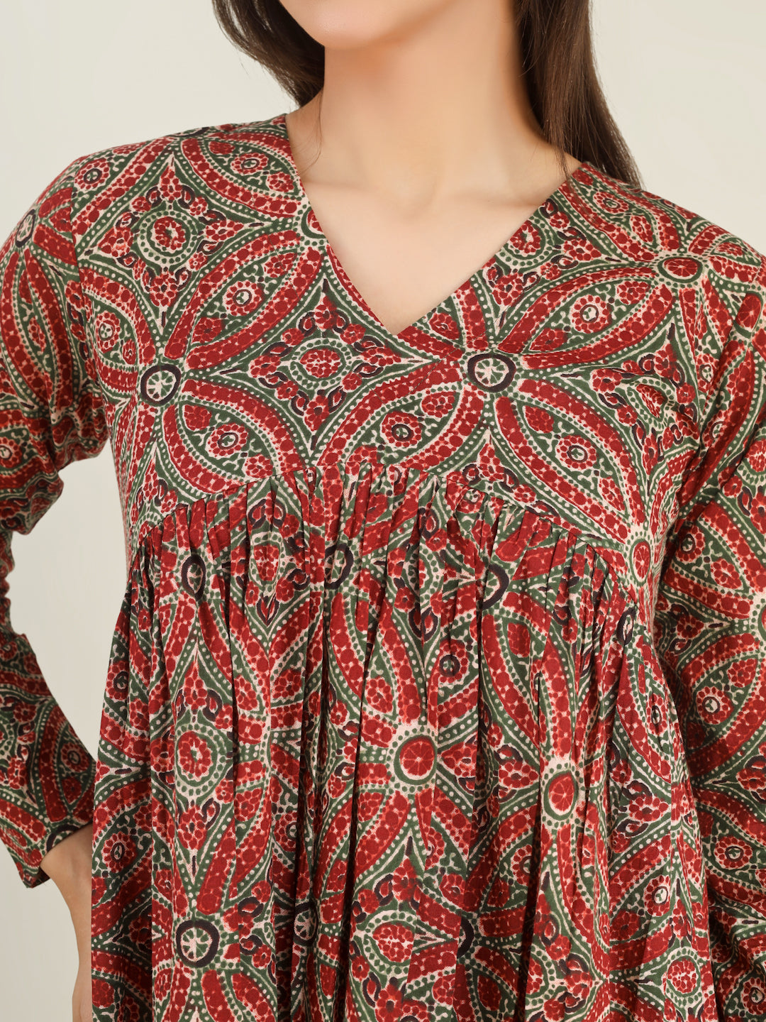 Maroon Printed Full-Sleeves Alia-Cut Cotton Top