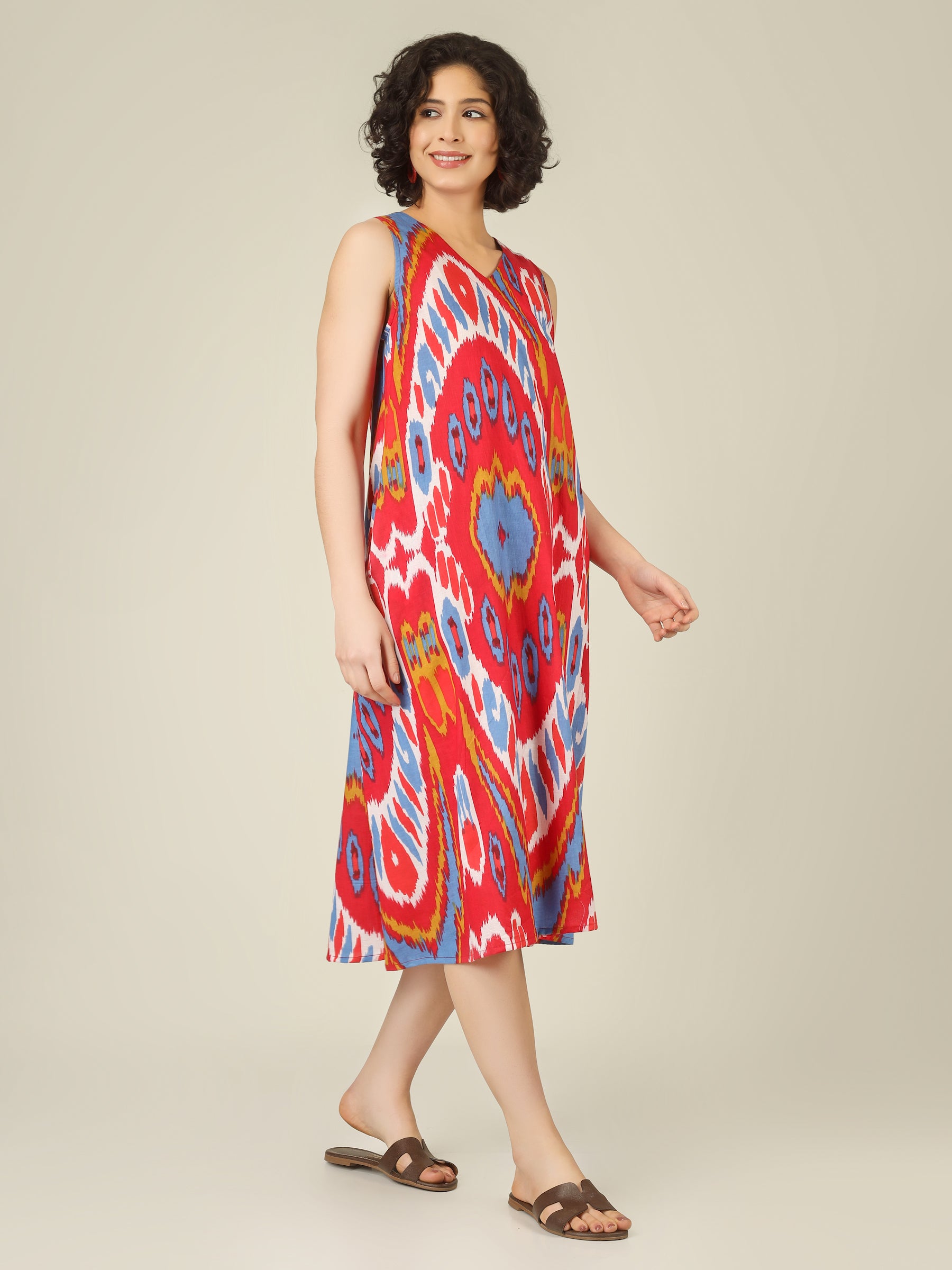 Red Printed V-Neck Sleeveless A-Line Cotton Dress