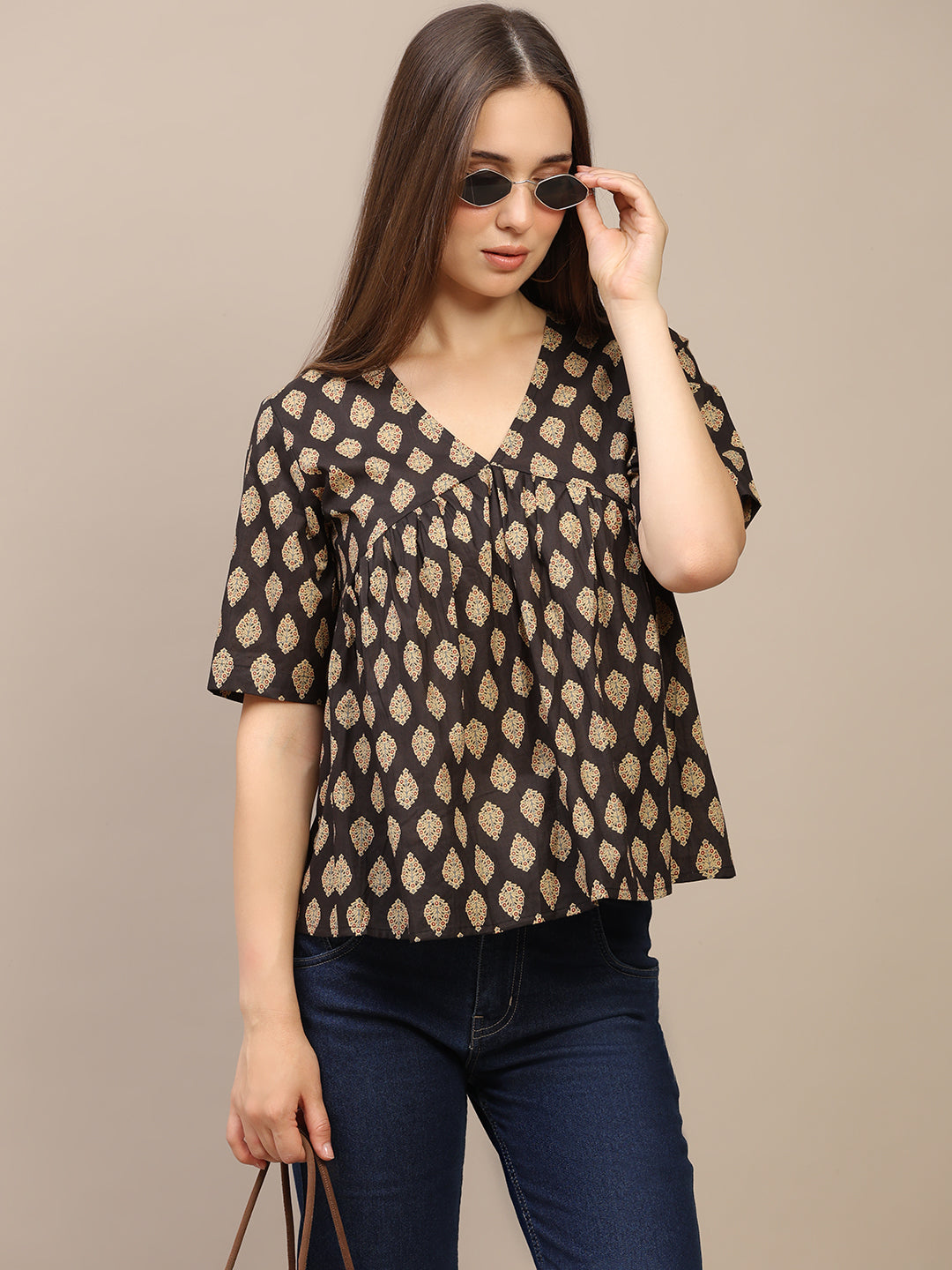 Black Printed Half-Sleeve Peplum Top