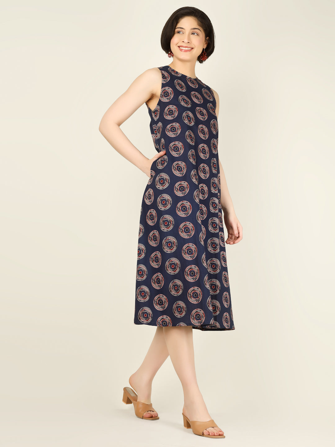 Navy Blue Printed Sleeveless A-Line Cotton Dress