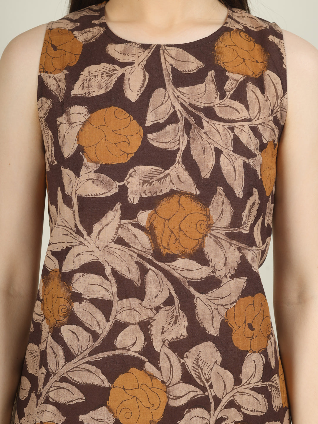 Brown Printed Sleeveless A-Line Cotton Dress