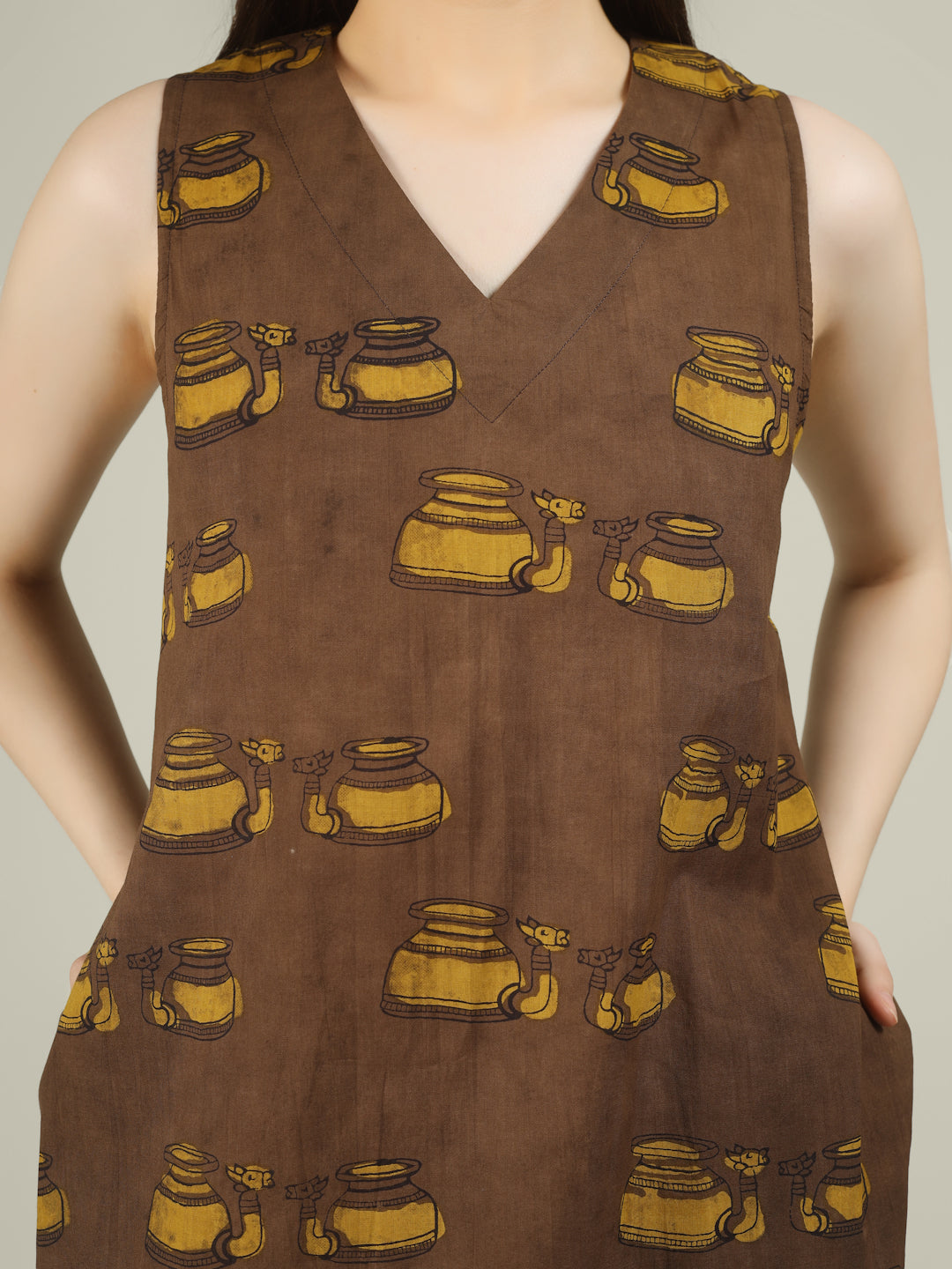 Brown Printed V-Neck Sleeveless A-Line Cotton Dress