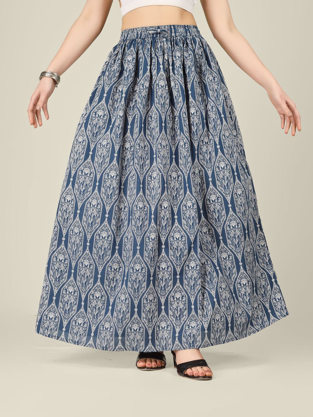Blue Printed Cotton Maxi Skirt