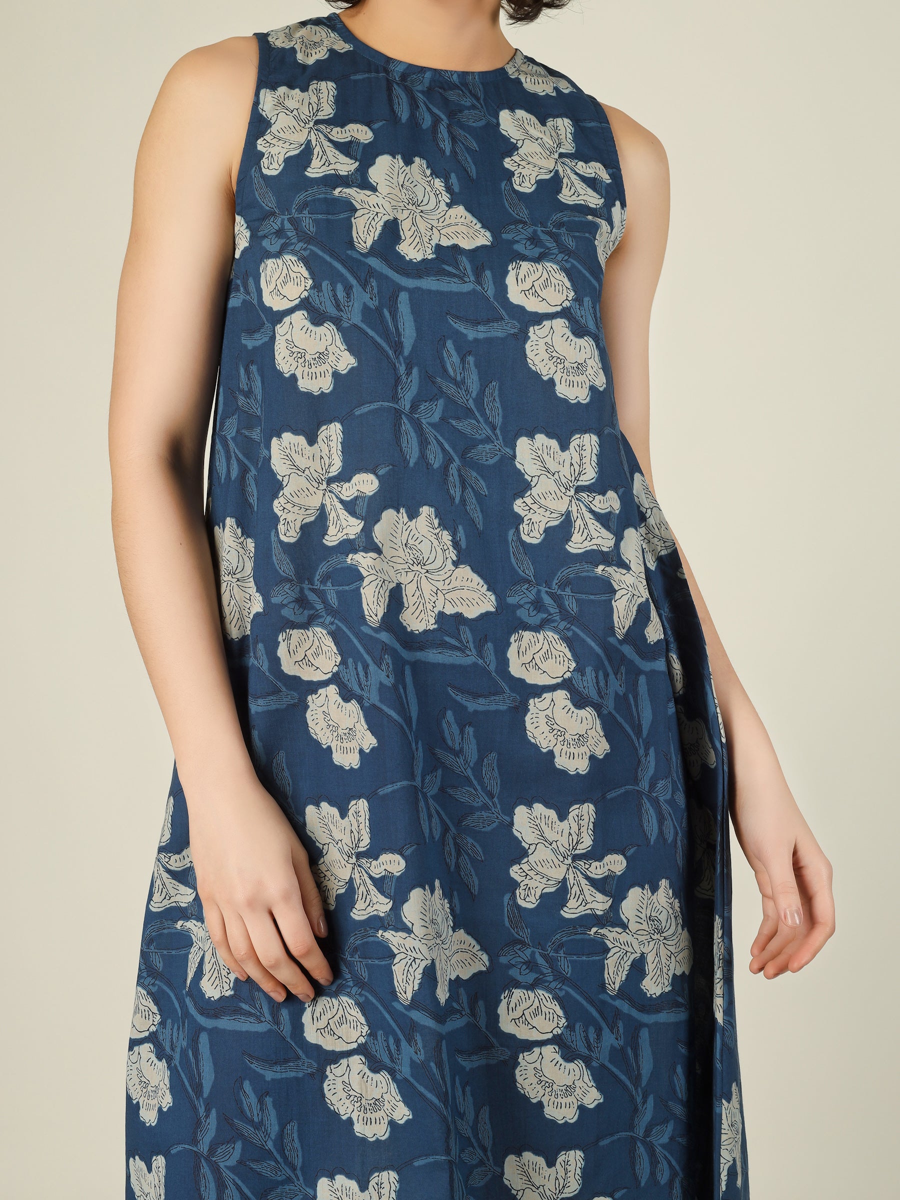 Blue Printed Sleeveless A-Line Cotton Dress