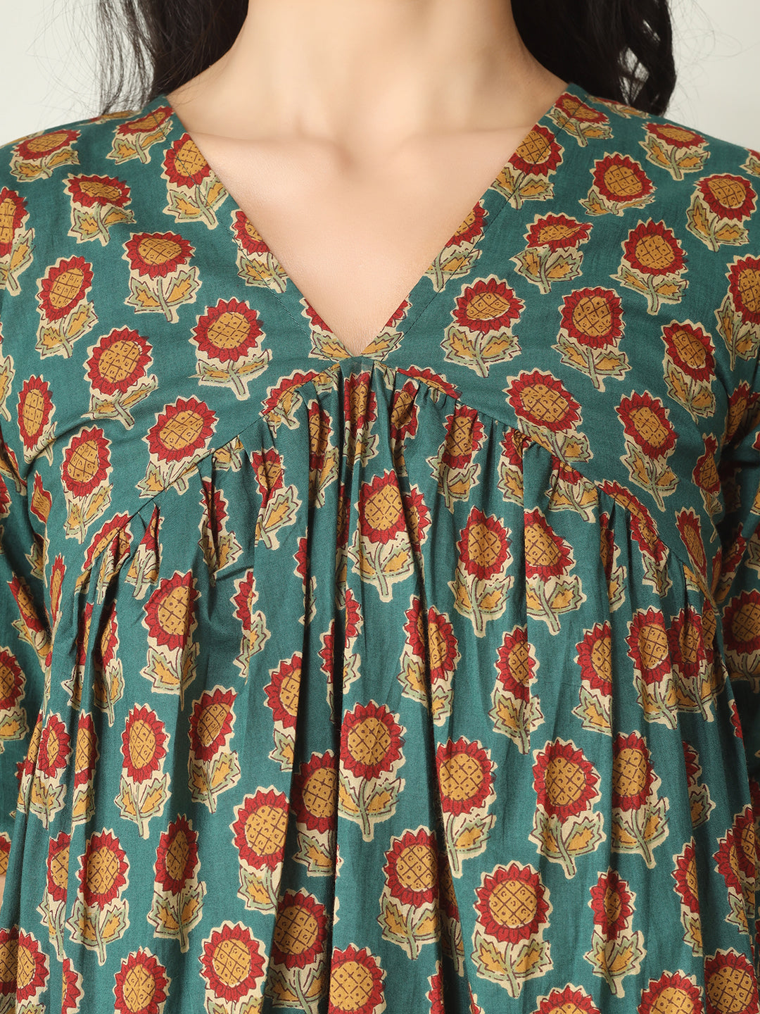 Green Printed Half-Sleeve Alia-Cut Cotton Peplum Top