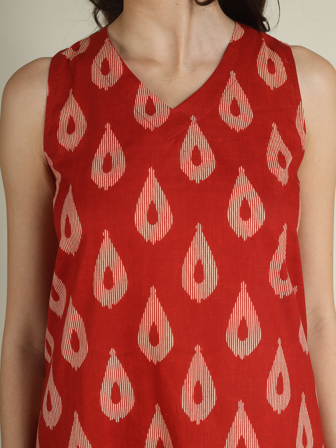 Red Printed Sleeveless V-Neck A-Line Cotton Dress