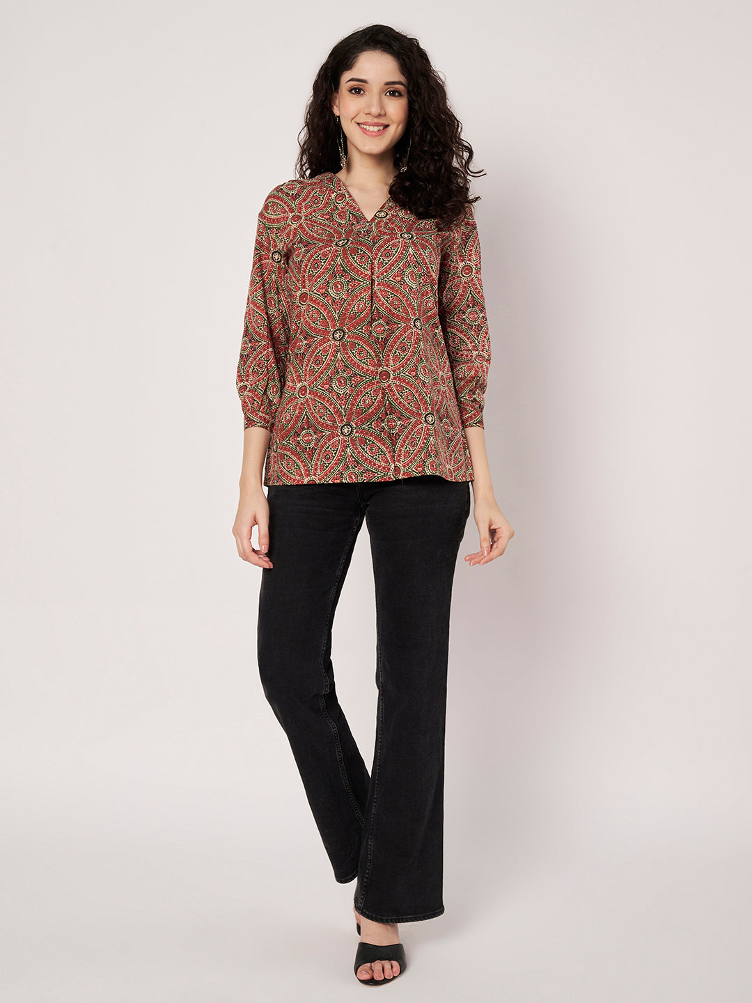 Maroon Printed V-Neck Cotton Top