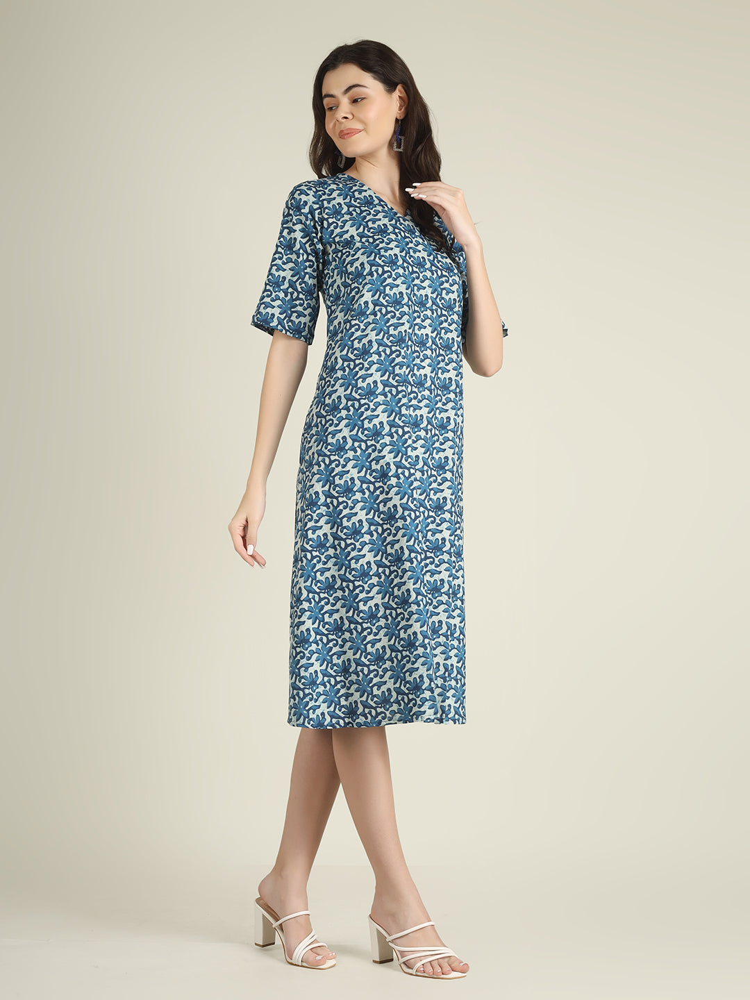 Blue Printed Half-Sleeve A-Line Cotton Dress