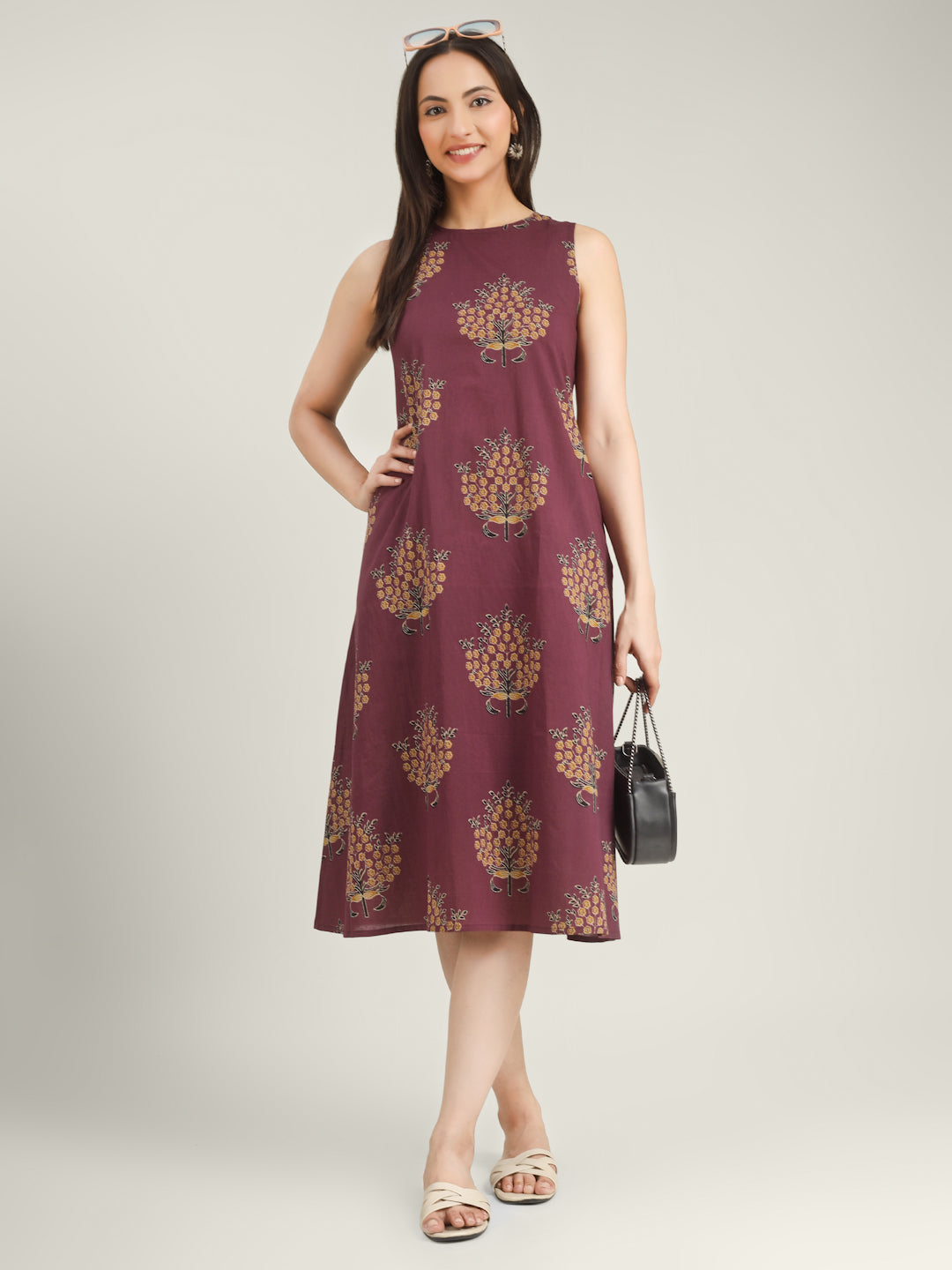 Purple Printed Sleeveless A-Line Cotton Dress