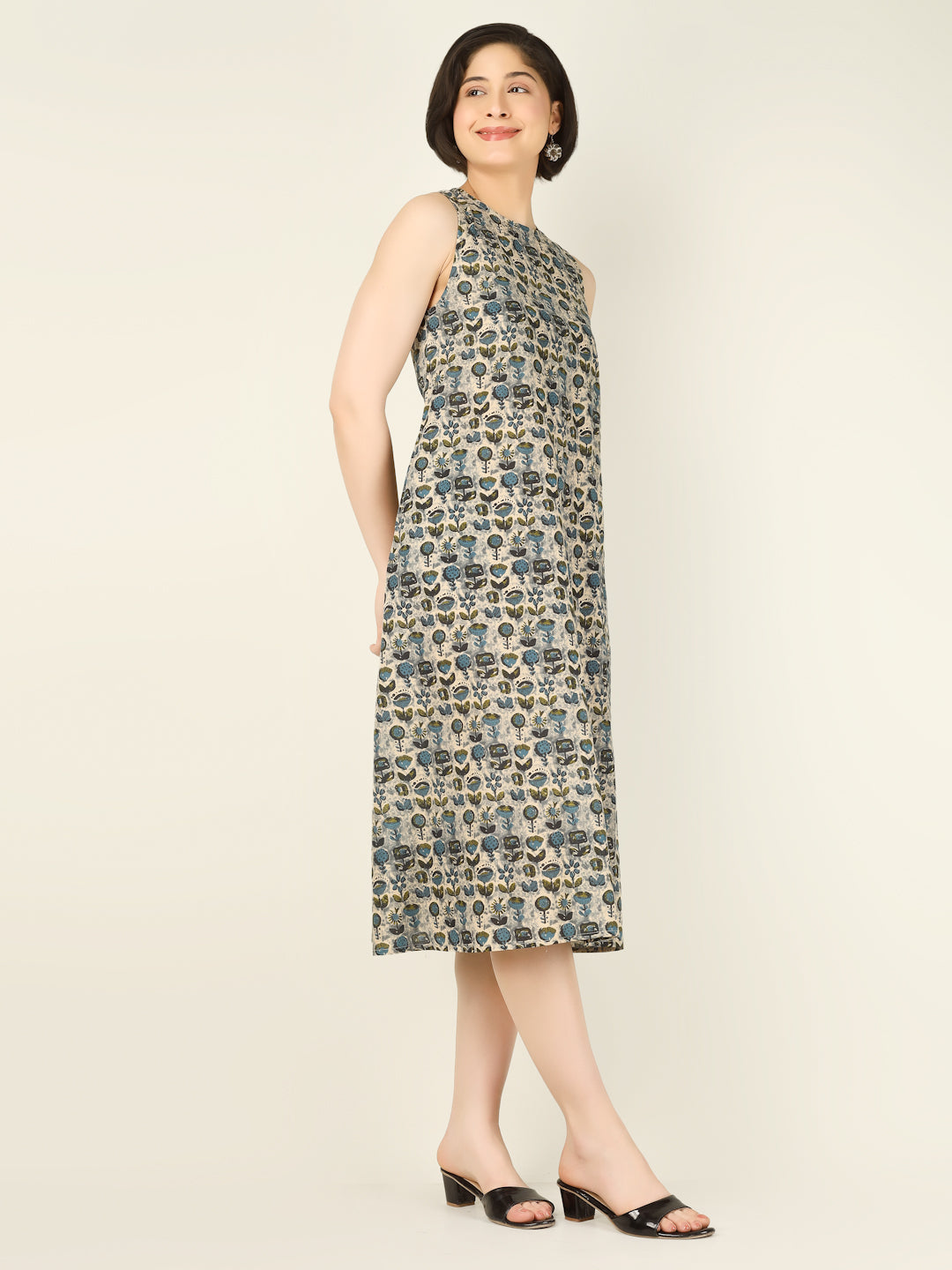 Green Printed Sleeveless A-Line Cotton Dress