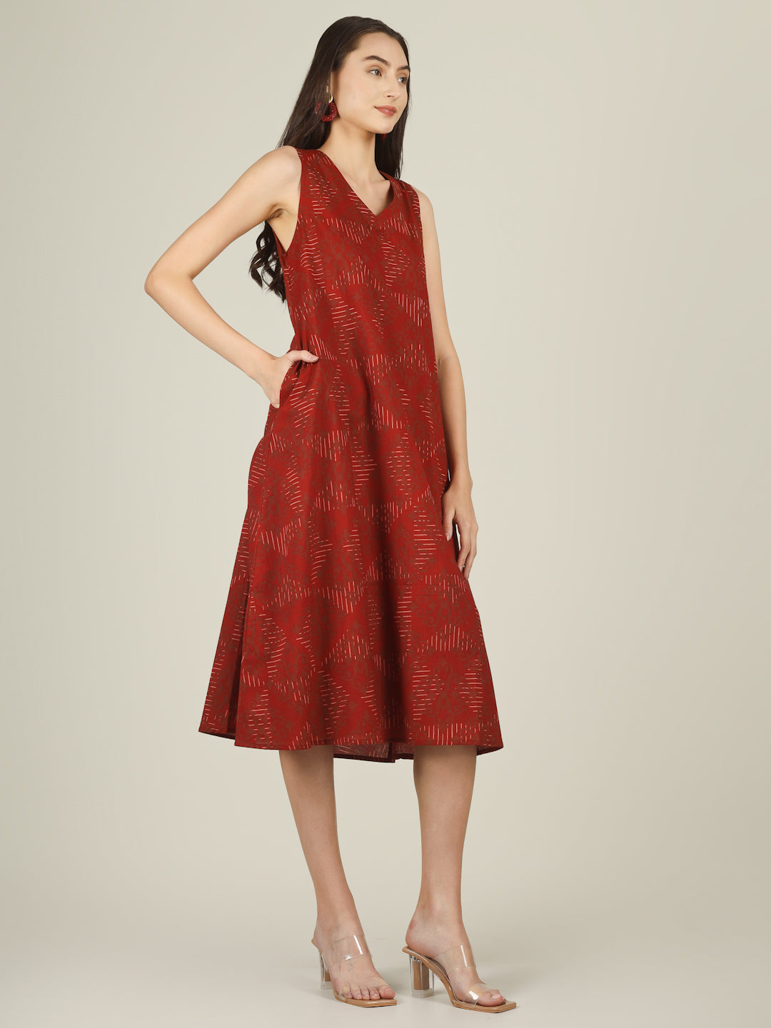 Red Printed V-Neck Sleeveless A-Line Cotton Dress