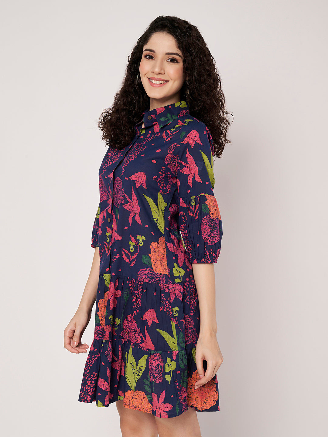 Blue Printed Short Cotton Dress