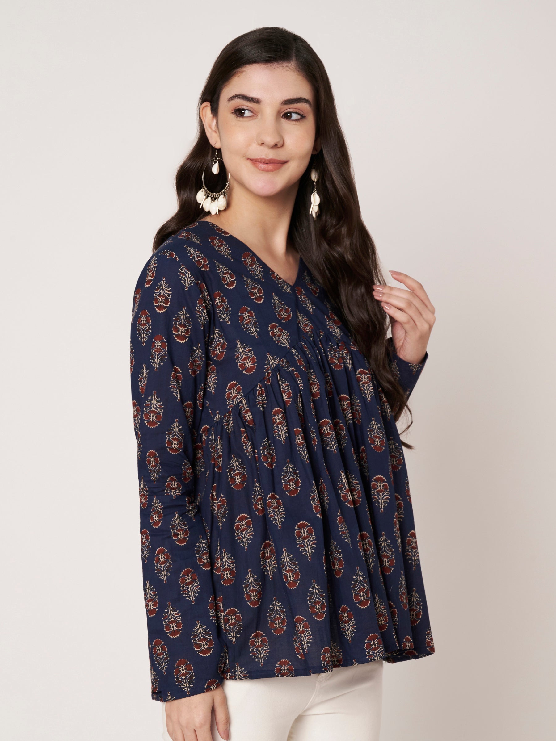 Navy Blue Printed Alia-Cut Cotton Top