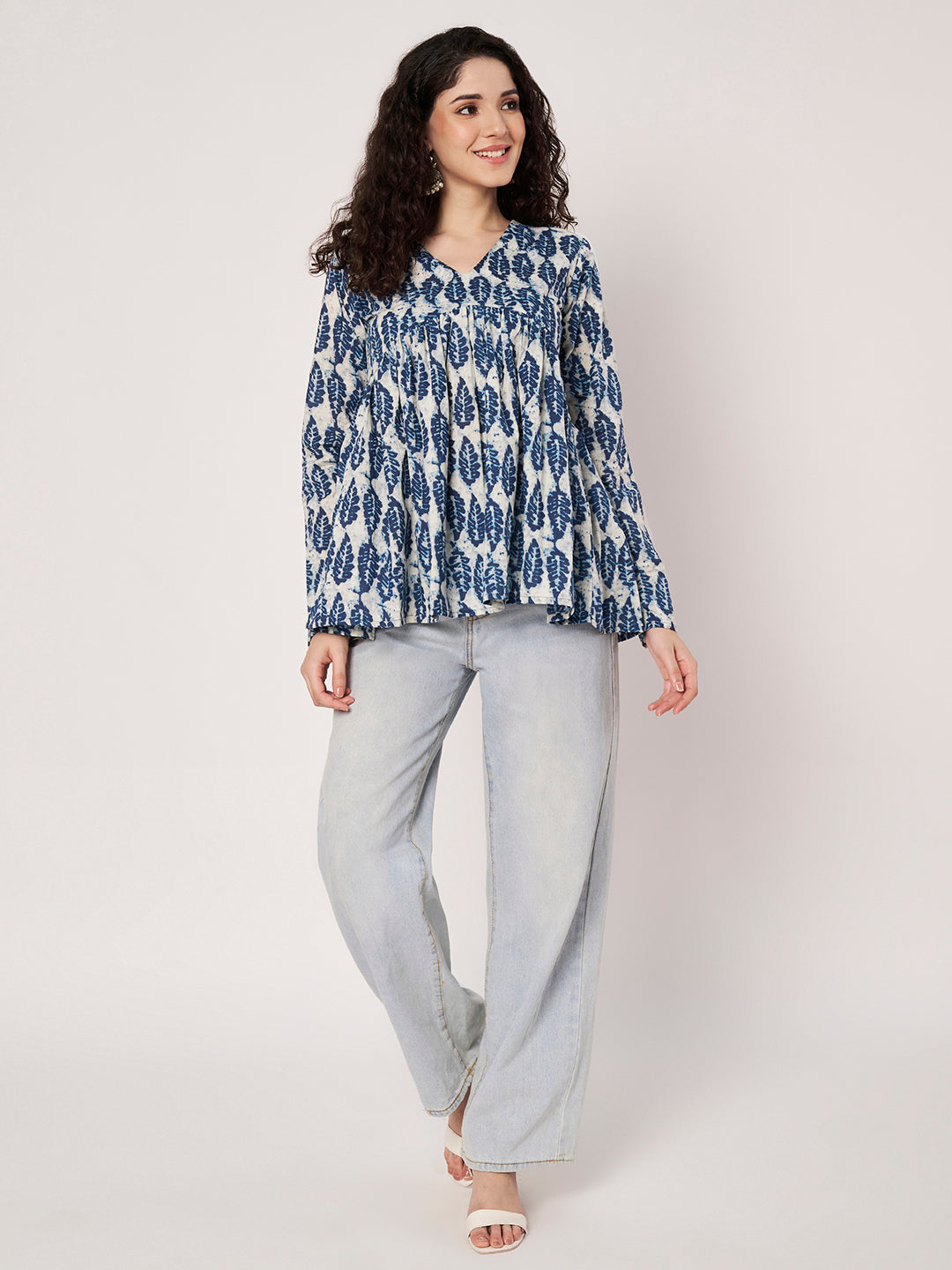 White & Blue Printed Alia-Cut Cotton Top
