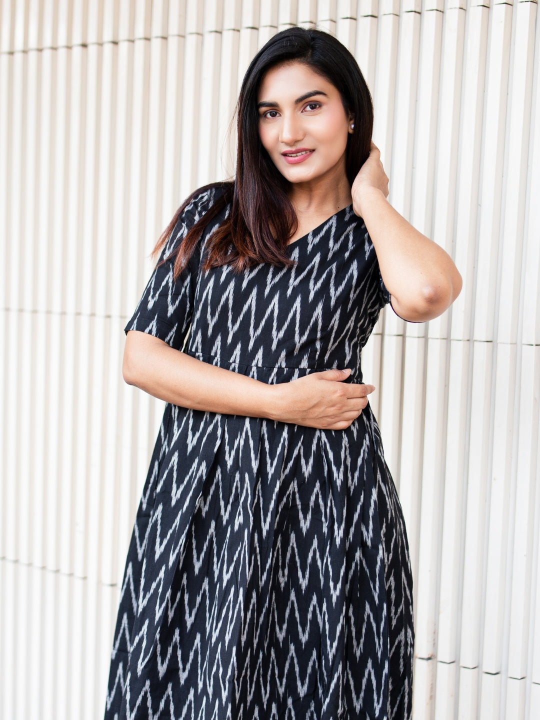 Handloom Cotton Black Ikkat Dress