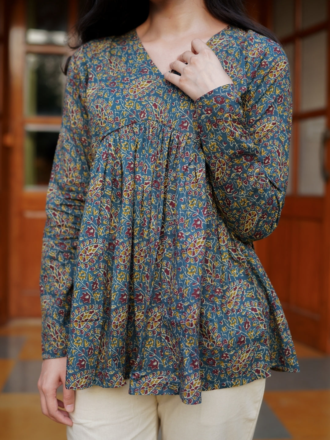 Teal Green Printed Full Sleeves Alia Cut Cotton Top