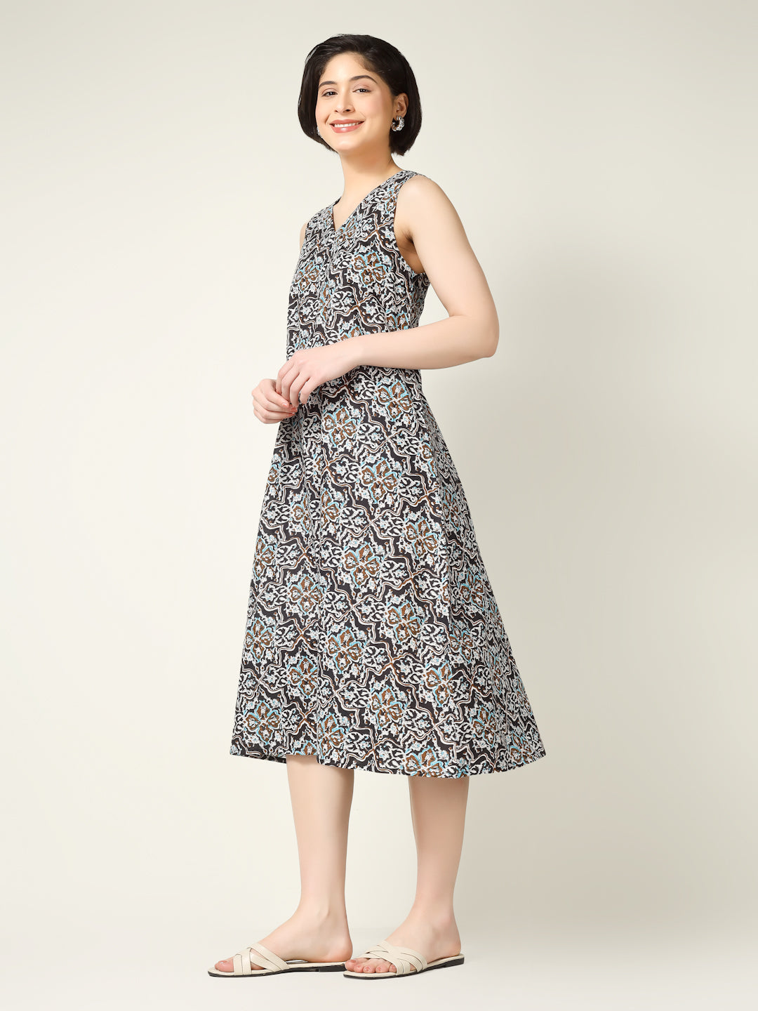 Black Printed Sleeveless V-Neck A-Line Cotton Dress
