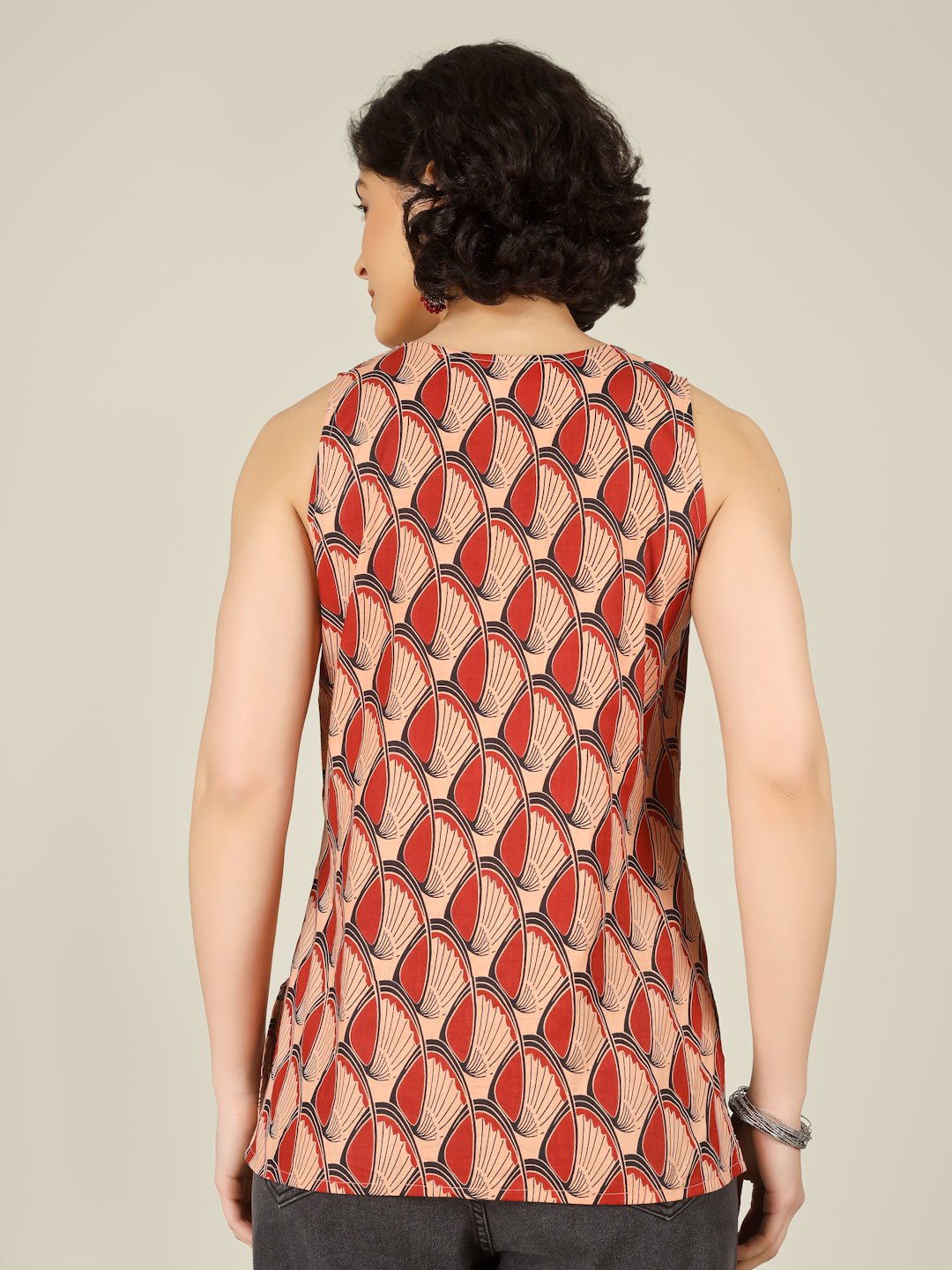 Red Printed Round Neck Sleeveless Cotton Top