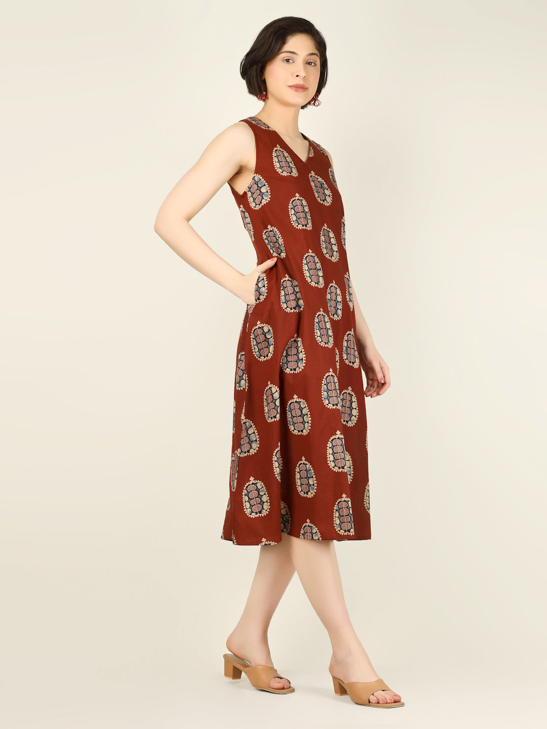 Rust Printed Sleeveless V-Neck A-Line Cotton Dress