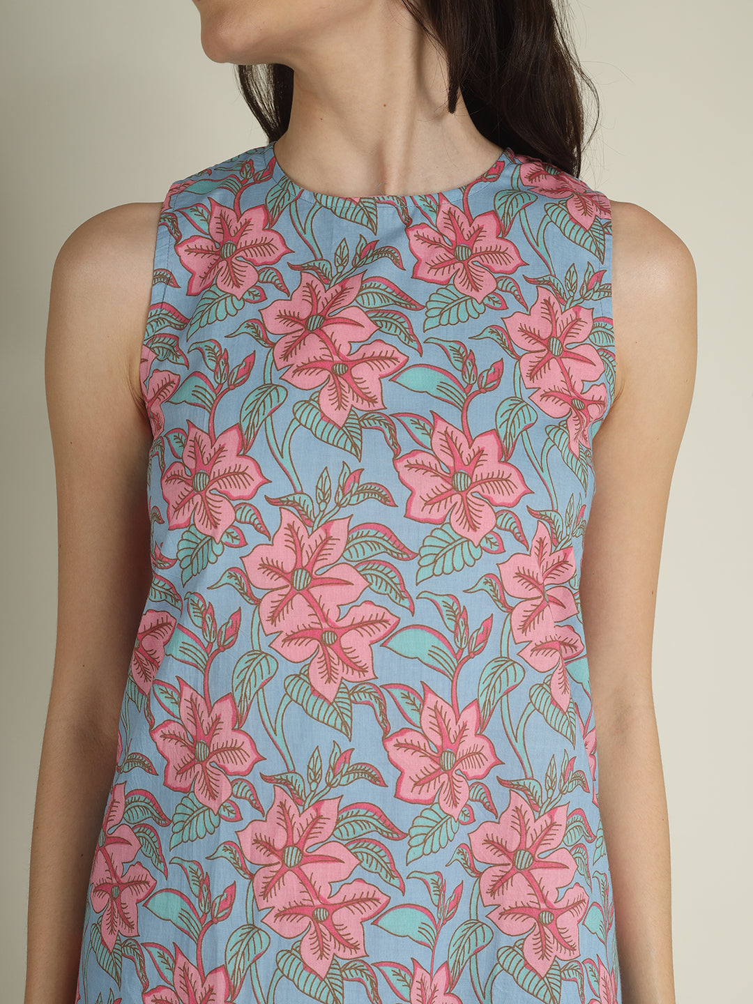 Sky Blue Printed Sleeveless A-Line Cotton Dress
