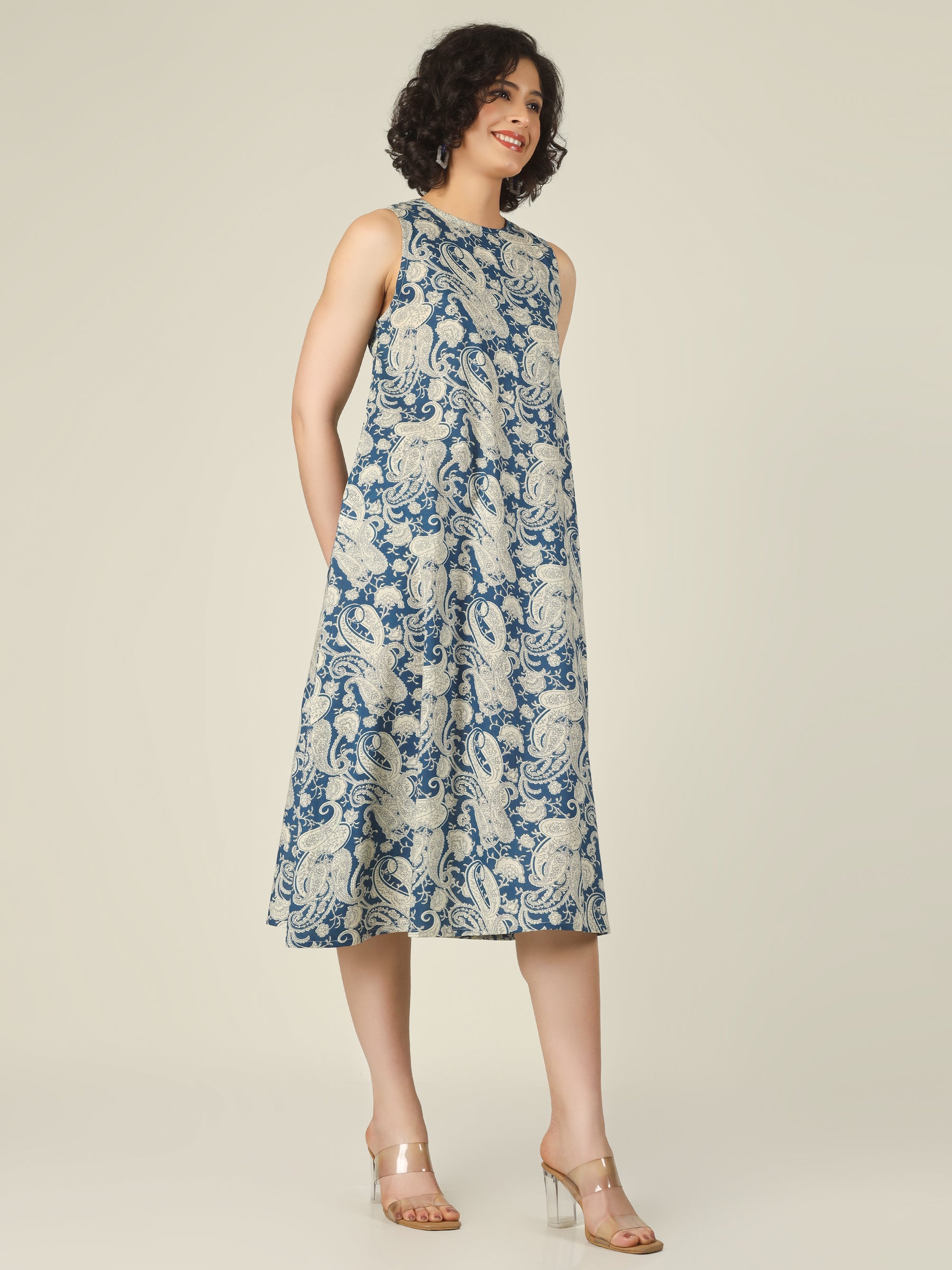 Blue Printed Sleeveless A-Line Cotton Dress
